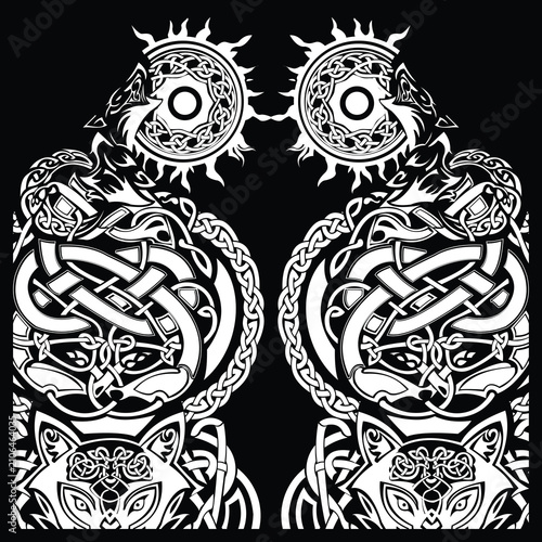 Valokuva Symmetrical Viking wolf knotwork with Norse interlace ornament, black and white