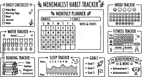 Minimalist habit trackers provide a structured way to organize daily routines and track monthly personal goals effectively.