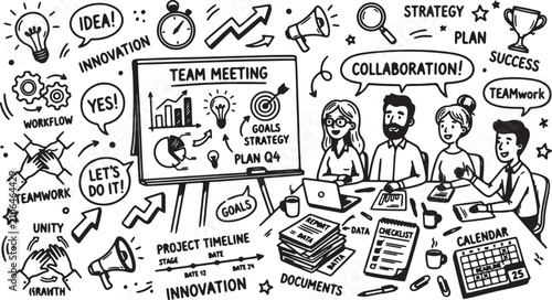 Business team collaborates during a professional meeting while using a presentation board to outline their strategic goals and project timelines in this hand-drawn illustration.