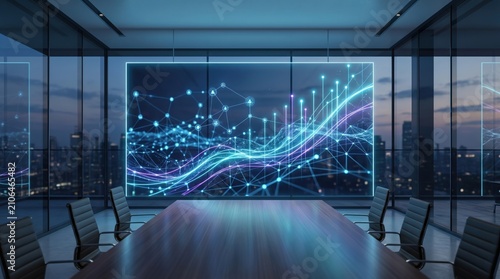 Futuristic boardroom with large screen displaying big data network, abstract digital connections background, empty conference table in modern glass office building at twilight c...