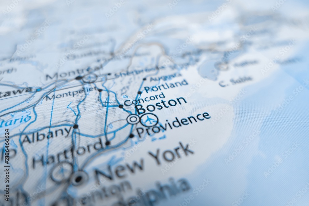 Obraz premium Map of Boston styled in grey color. Selective focus on label, close-up view