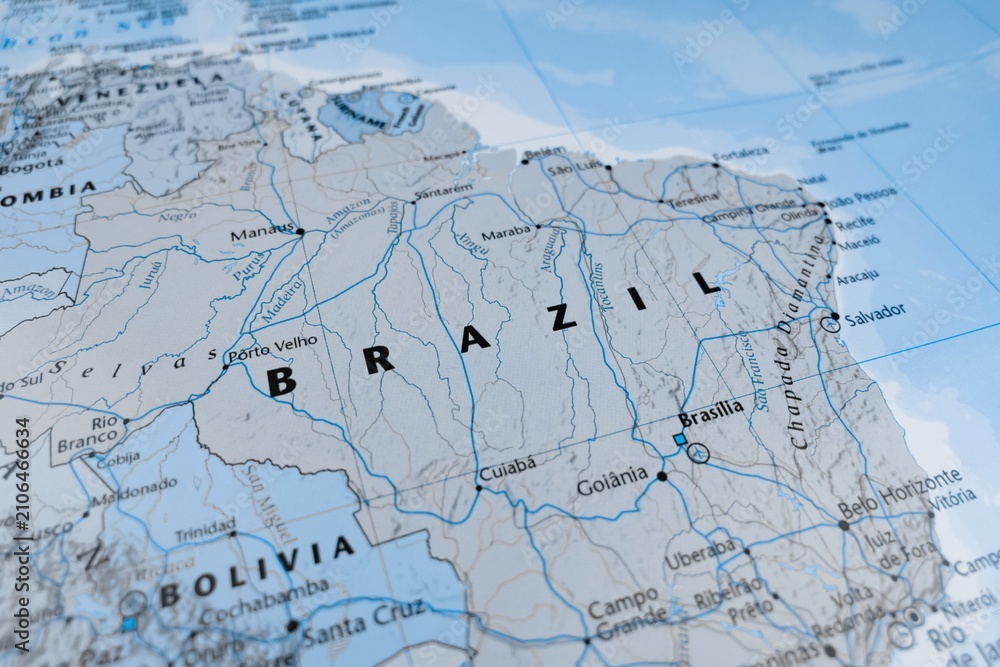 Obraz premium Map of Brazil styled in grey color. Selective focus on label, close-up view