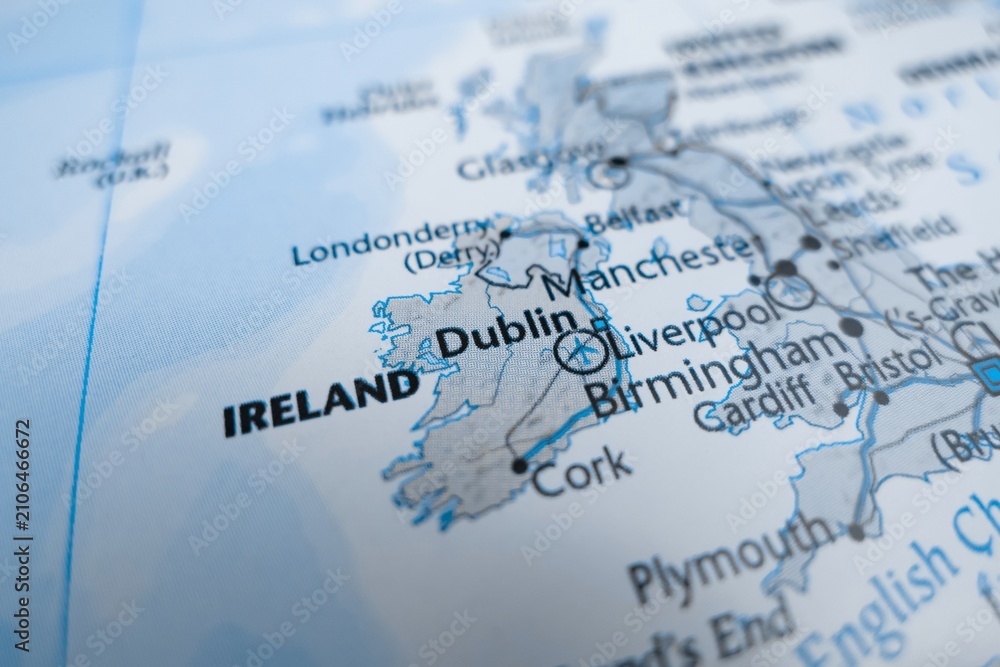 Obraz premium Map of Dublin styled in grey color. Selective focus on label, close-up view
