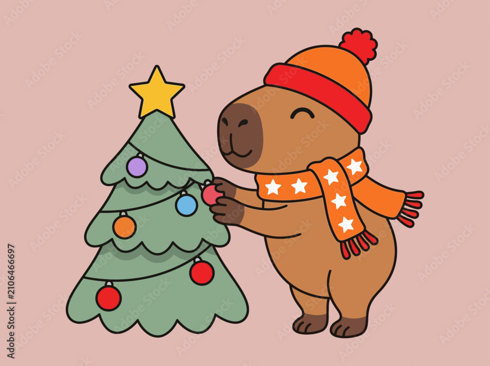Naklejka premium Cute Cartoon Capybara Decorating Christmas Tree Festive Winter Illustration
