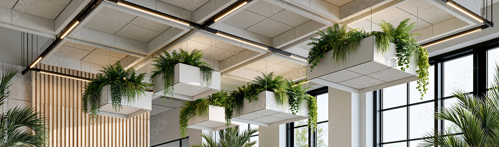 Fototapeta premium Modern Office Interior with Hanging Plants: A contemporary office space adorned with lush, hanging greenery, creating a serene and biophilic atmosphere.