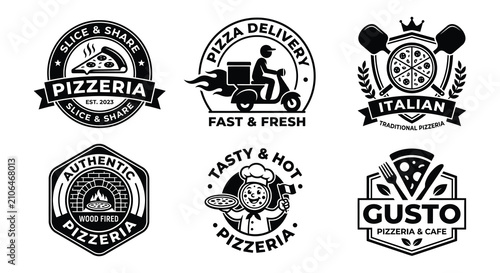 Bild auf Leinwand Pizza Restaurant Logo Collection Black Vector Illustrations On White Background