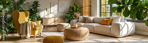 Cozy Living Room Oasis: A serene and stylish living room flooded with natural light, featuring comfortable seating, a plethora of lush houseplants, and warm.