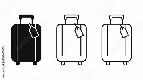 Black and White Suitcase Luggage Icons Collection Featuring Solid Outline Green Travel Bag Wheels Tag Baggage Symbol Minimalist Vector Design