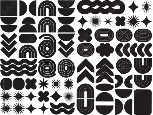 Set of modern abstract geometric shapes, minimalist vector elements, trendy bauhaus style icons, organic forms, stars, waves, and arches