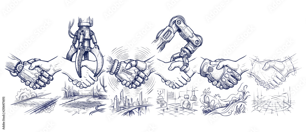 Obraz premium Robot human handshake sketch illustration, mechanical cybernetic hands shaking in industrial technology laboratory and futuristic digital city backgrounds, AI collaboration concept banner.