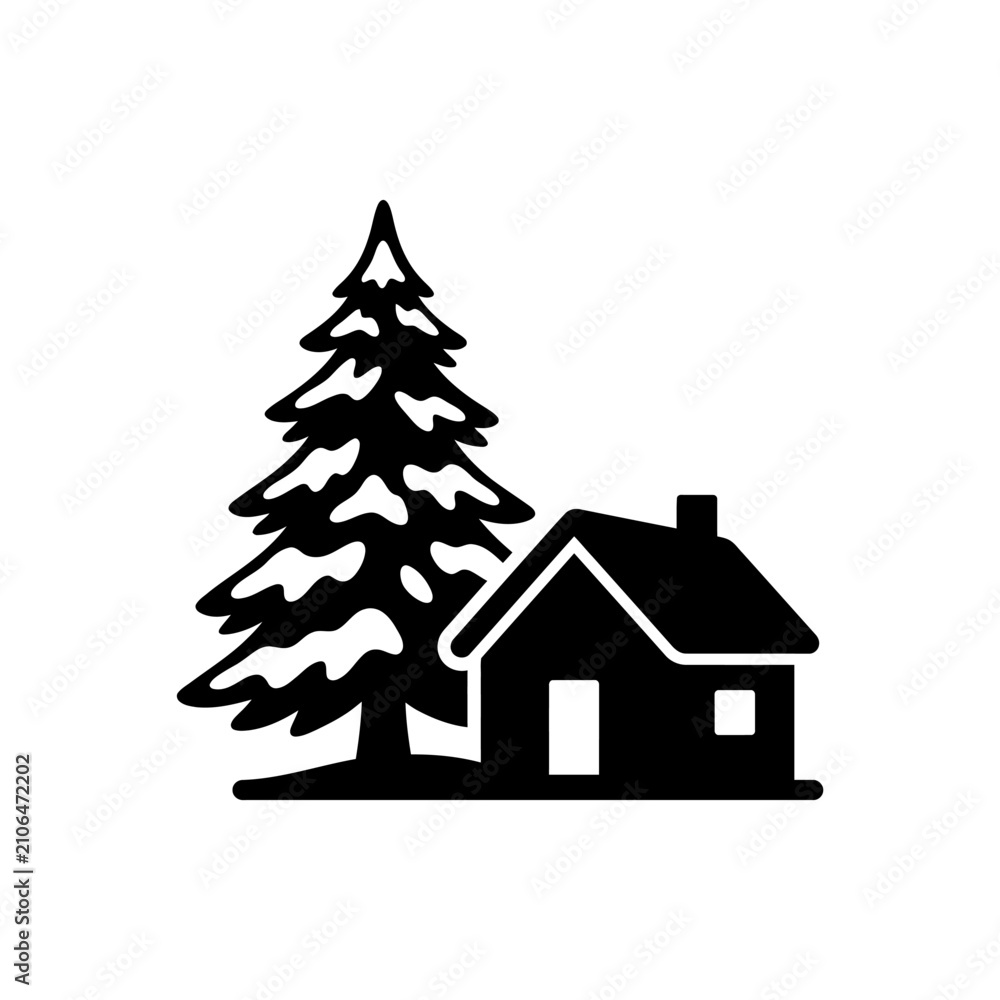 Fototapeta premium Black and white minimalist icon of a small winter cabin cottage with a chimney situated next to a large snow-covered pine tree, isolated on a white background for graphic design.