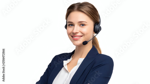 Portrait of a smiling young woman with headset, customer support or call center operator in business attire, isolated on white background.