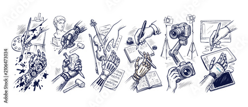 Cyborg robot hands human hands creative art sketch comparing tech and human skills in painting, writing, sculpting, classical music, photography, and digital graphic tablet drawing illustrations arts.