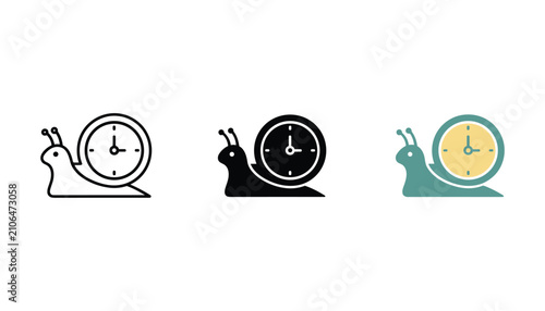 Cuadro en lienzo Snail with clock icon set representing slow time management and productivity con