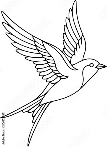 Flying Bird Line Art Illustration, Black and White Bird Outline, Minimal Nature Coloring Page Vector