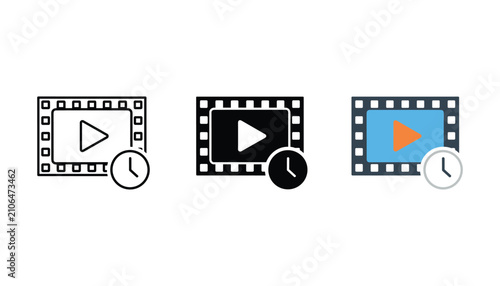 Foto Video film reel frame icons showing play button with clock timer overlay in outl