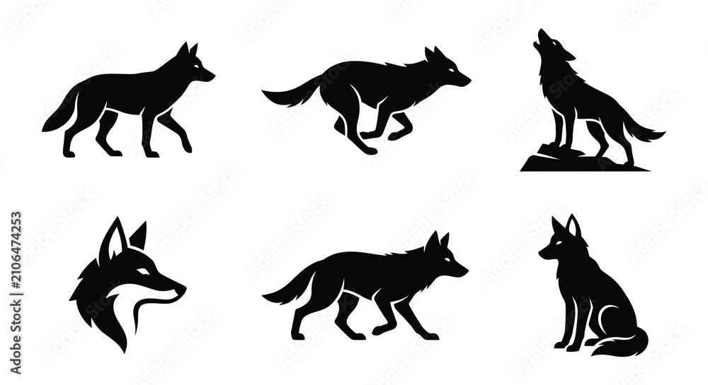 Fototapeta premium Wolf Silhouettes Collection Black Vector Illustrations On White Background