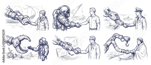 Obraz na płótnie Marine robot human interaction sketch set representing maritime rescue missions, deep sea diving salvage operations, and advanced ocean exploration technology concept drawings