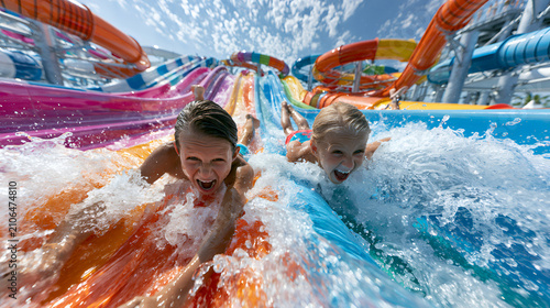 Children are having an exhilarating adventure. Sliding down brightly colored water slides at a busy aquatic park