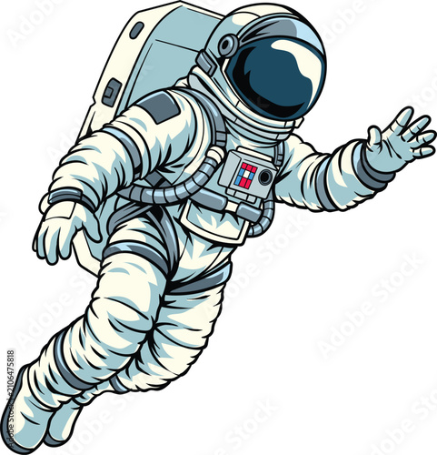 Quadro su tela Retro detailed hand drawn graphic of a human astronaut floating diagonally in ze