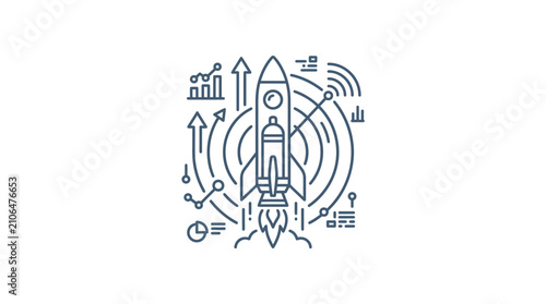 Business startup launch with data analytics and growth symbols