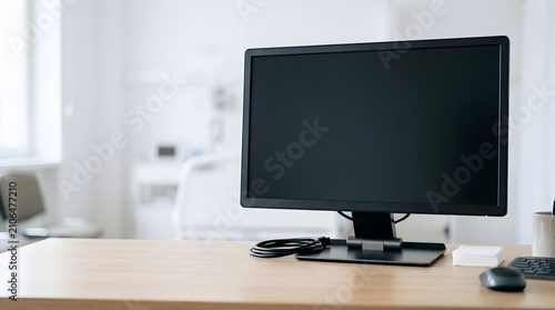 blank medical monitor on clean clinical workstation with modern healthcare office interior designed for software presentation and diagnostic display mockup