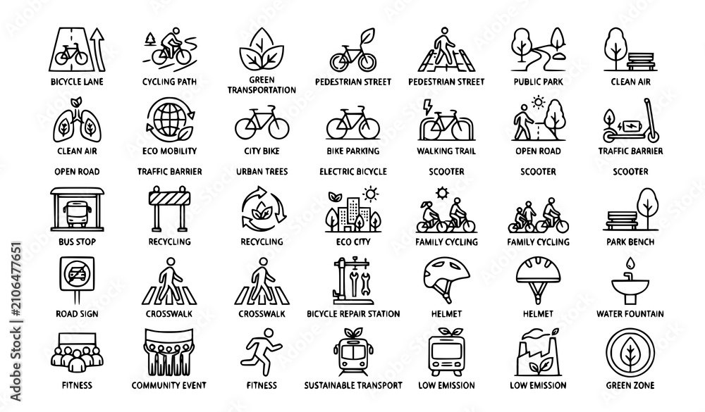 Fototapeta premium Title: 30 Car Free Day Line Icons Collection with Bicycle Lane Green Mobility and Sustainable Urban Transportation Vector