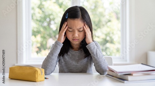 Young girl with black hair sitting at a table, holding her head in frustration, surrounded by books and a pencil case in a bright room