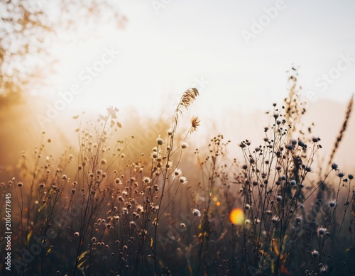 Golden sunrise over a misty meadow with wild dried flowers and grasses in soft morning light
