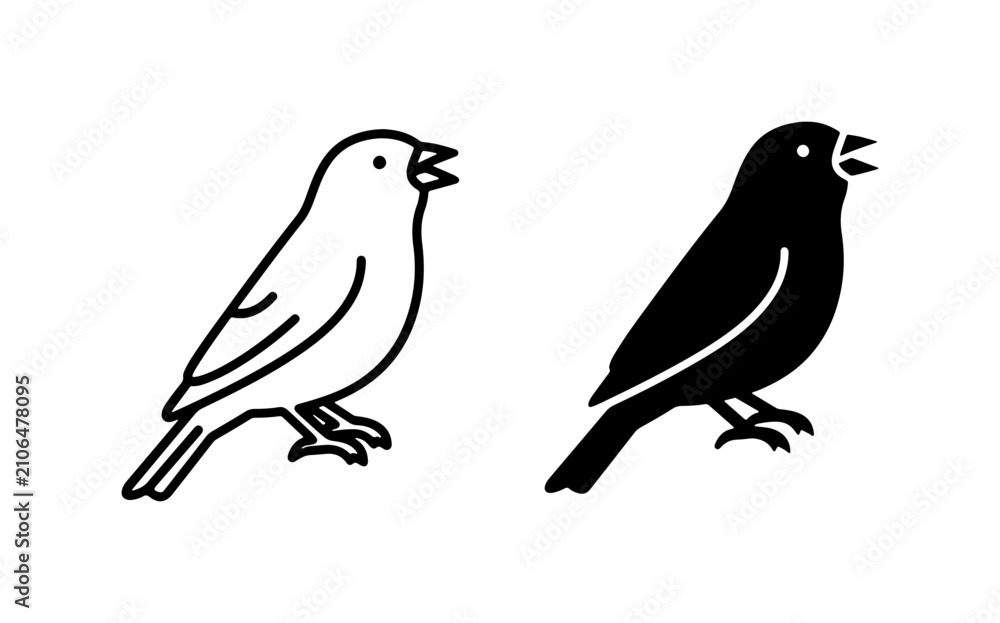 Obraz premium Singing bird icon set, black and white vector illustration, minimalist animal symbol for web design