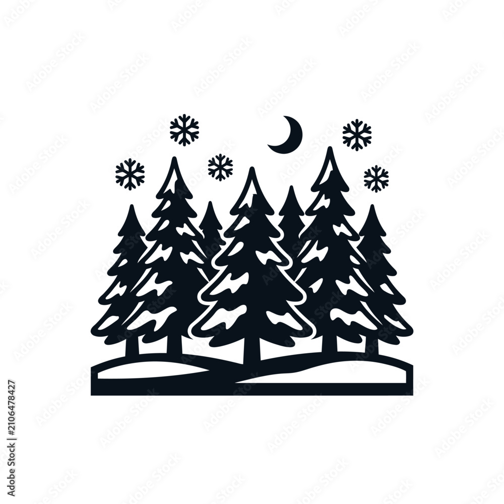 Obraz premium Minimalist black and white winter forest illustration featuring snow-covered evergreen pine trees, a crescent moon, and falling snowflakes on a white background vector graphic icon.