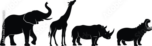 Photography African safari wild animals black silhouette vector icons set featuring walking elephant standing giraffe horned rhinoceros and yawning hippopotamus on white background