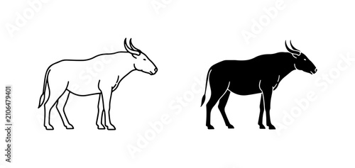 Фотография Wildebeest Silhouette Vector, African Wildlife Icon, Black and White Animal Art