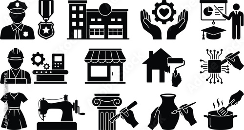 Black glyph icons collection showcasing diverse careers labor types craftsmanship skills retail shop pottery art electronic repair and public services symbols. (20 words)