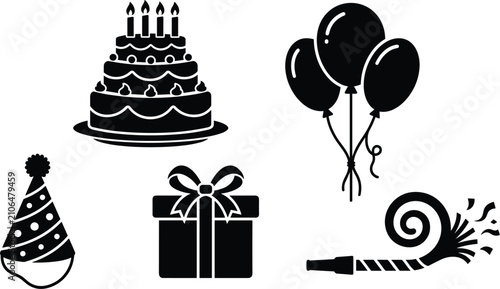 Black silhouette birthday celebration vector elements set featuring a multi-tiered cake with candles, balloons, gift box, party hat, and a blower on white background.