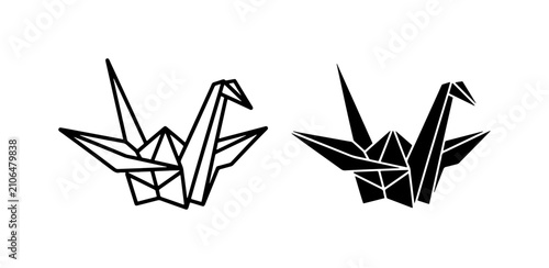 Origami Crane Icons, Black and White Paper Bird Silhouettes, Japanese Culture Symbol