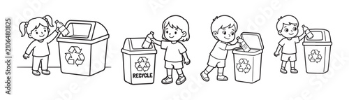Recycling kids coloring page vector set, children throwing plastic bottles in recycle bins, eco friendly waste management line art for school education
