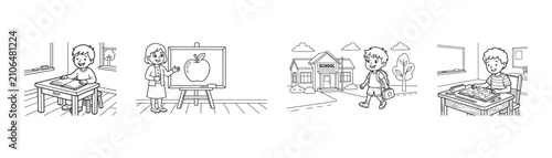 School coloring book pages for kids, educational classroom scenes with teacher and students, primary school learning activities vector set