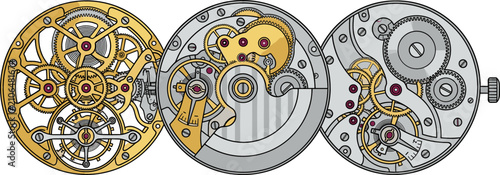 Foto Mechanical Watch Movement Vector Set Featuring Intricate Skeletonized Gold Gears
