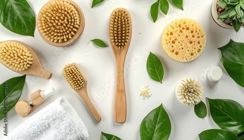 Spa still life bamboo brushes, sponge, leaves, towel, cream, and a plant on a white surface