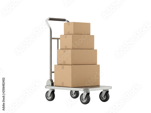 Four stacked cardboard moving boxes on a metal industrial cart with cardboard