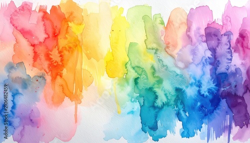 Watercolor wash with vibrant rainbow spectrum colors bleeding downwards on textured white background