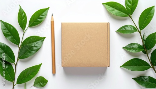 Minimalist flat lay of a closed cardboard box with a pencil and green leaves around on a white background