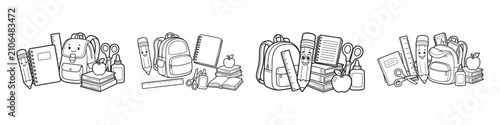 Hand drawn school supplies line art set, black and white back to school doodles, educational stationery vector icons for coloring books and teacher resources