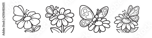 Butterfly on flower coloring page set, black and white garden insect line art, 4 hand drawn butterfly and daisy vector illustrations for kids