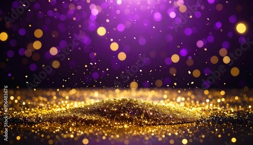 Golden mound sparkles beneath a vibrant purple bokeh background, creating a festive and luxurious ambiance