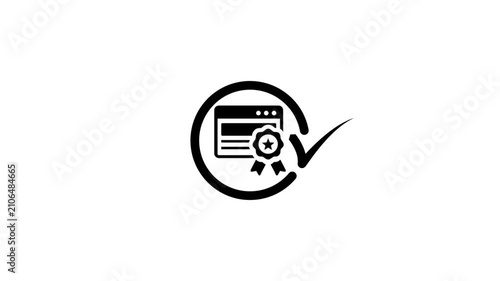 Black motion icon of digital certificate with ribbon and checkmark on white background for.