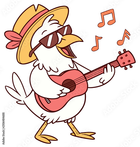 A cartoon chicken wearing sunglasses and a hat plays a guitar.