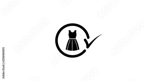 Black dress icon with check mark symbol animation on white background for fashion quality.