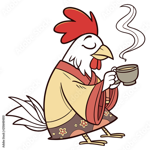 Cartoon rooster drinking coffee